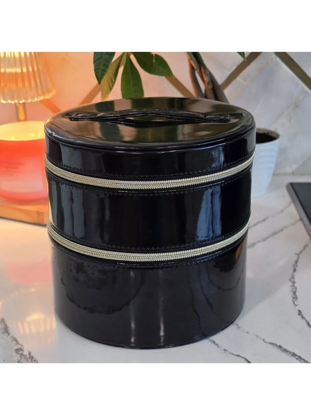 Lancôme Round Black Patent Cosmetic Case With Mirror & Dual Zipper Compartments